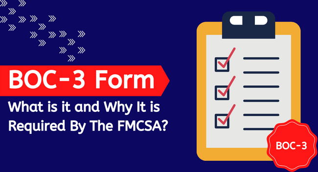 A clipboard displays a checklist with five items, each marked with a red check. Surrounding text reads: “BOC-3 Form: What is it and Why It is Required By The FMCSA?” and “BOC-3.” The blue background features arrow patterns.