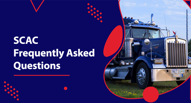 A blue truck is parked on grass under a clear sky. Text on the left reads: "SCAC Frequently Asked Questions." The design features geometric patterns and a blue and red color scheme.